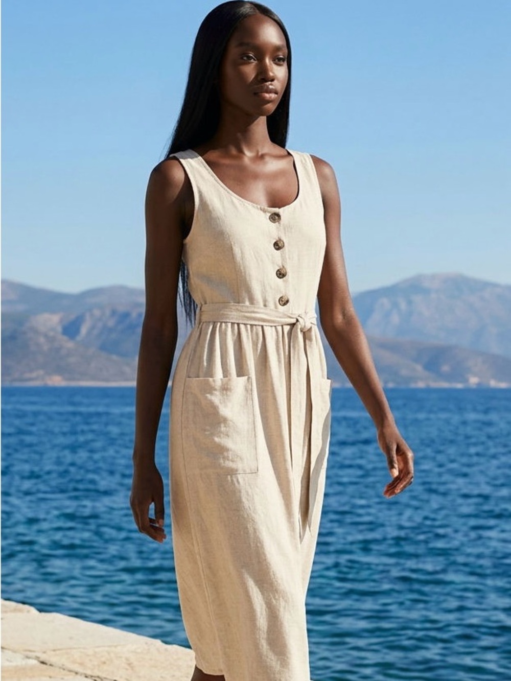 Monteau Los Angeles Sleeveless Part Linen Pockets Casual Tie Front MIDI Dress-M